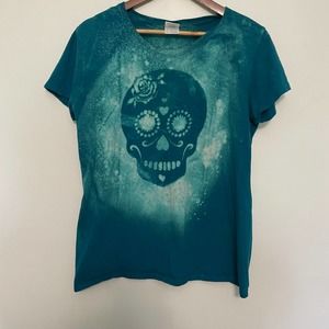 Bleach Tie Dye Sugarskull Skeleton Tee shirt womens XL Teal Custom made